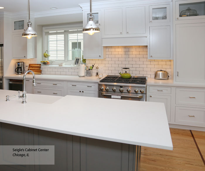 White Inset Cabinets With A Gray Kitchen Island - Masterbrand