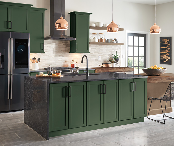 Contemporary Kitchen Painted FoxHall Green and Cherry Seal MasterBrand