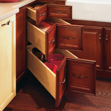 Corner drawer cabinet with all three drawers opened