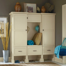 Entry way cabinets in an off white cabinet paint