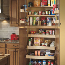 Tall Pantry Super Cabinet with doors open to show interior storage