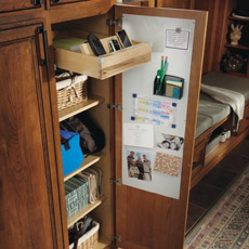 Utility Drop Zone Cabinet with door open to show whiteboard and interior storage