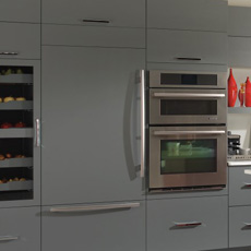 Tall cabinets with wine storage, refrigerator panels and a double oven cabinet