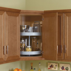 Wall corner cabinet with lazy susan installed
