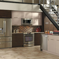 Full room shot of engineered wood cabinets shown in kitchen