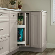 Lazy Susan Cabinet in kitchen with light gray cabinets