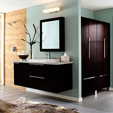 Wall hung vanity and storage cabinet in contemporary bathroom