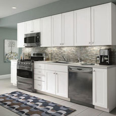 White kitchen cabinets in single wall kitchen layout