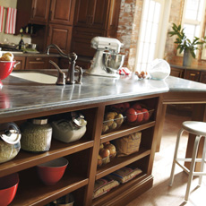 Kitchen island with open shelving and seating