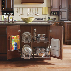 Kitchen island with Gourmet SuperCabinet open to show storage