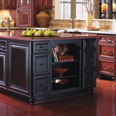 Black kitchen island with open shelving on one end
