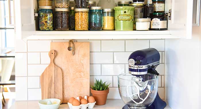 Close-up of countertop in renovated small kitchen