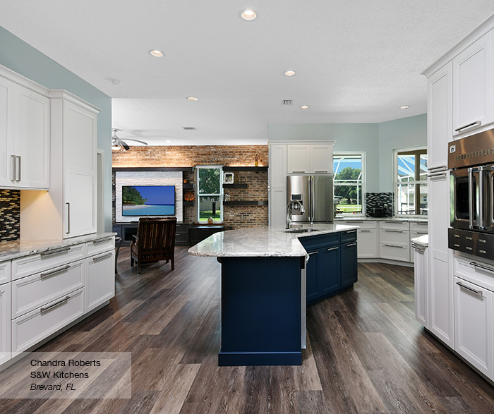 Off White Kitchen With Blue Island Cabinets MasterBrand
