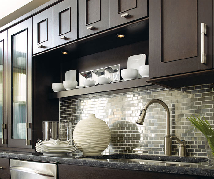 Dark Wood Cabinets With A Blue Kitchen