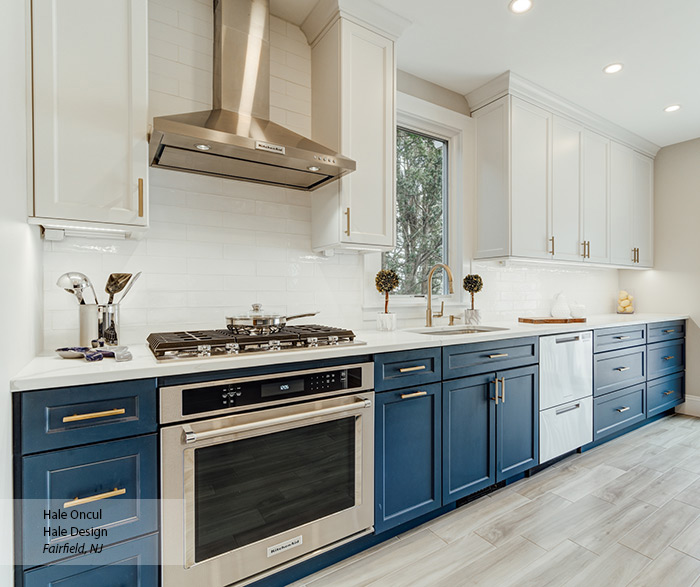 Blue and top white kitchen cabinets