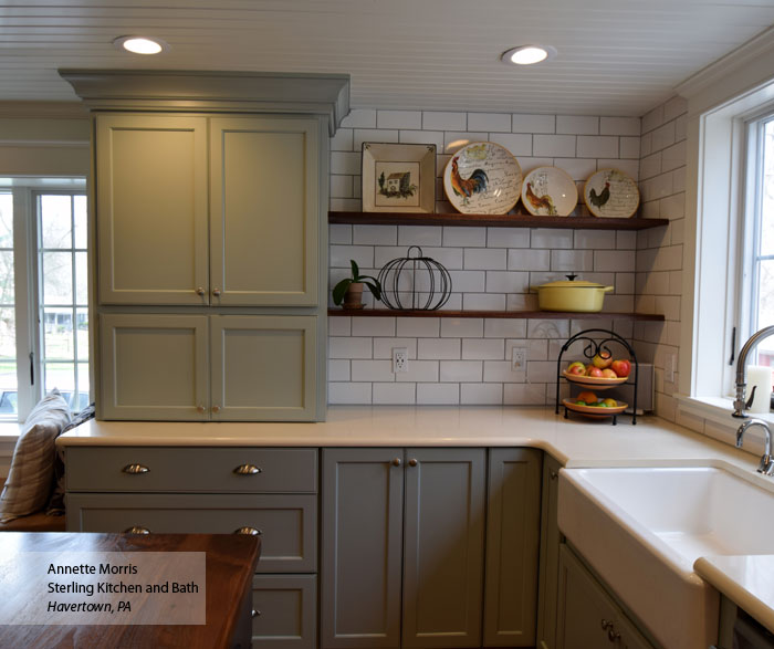 Williamsburg farmhouse kitchen cabinets in Maple Rain and Cherry Smokey Hills finishes