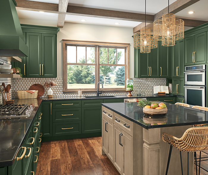 Casual Deep Green and Brown Kitchen Cabinets