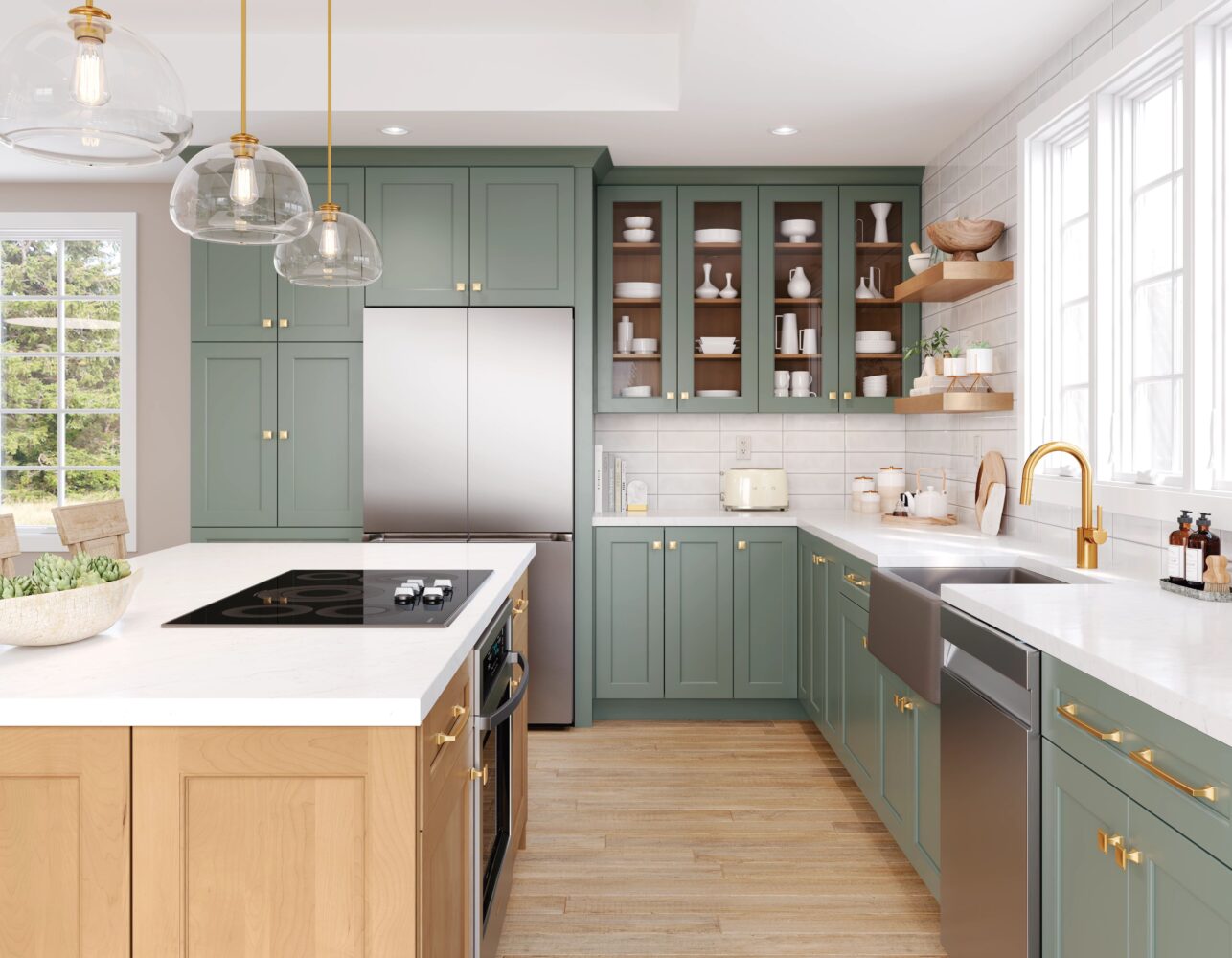 Grey-green kitchen.