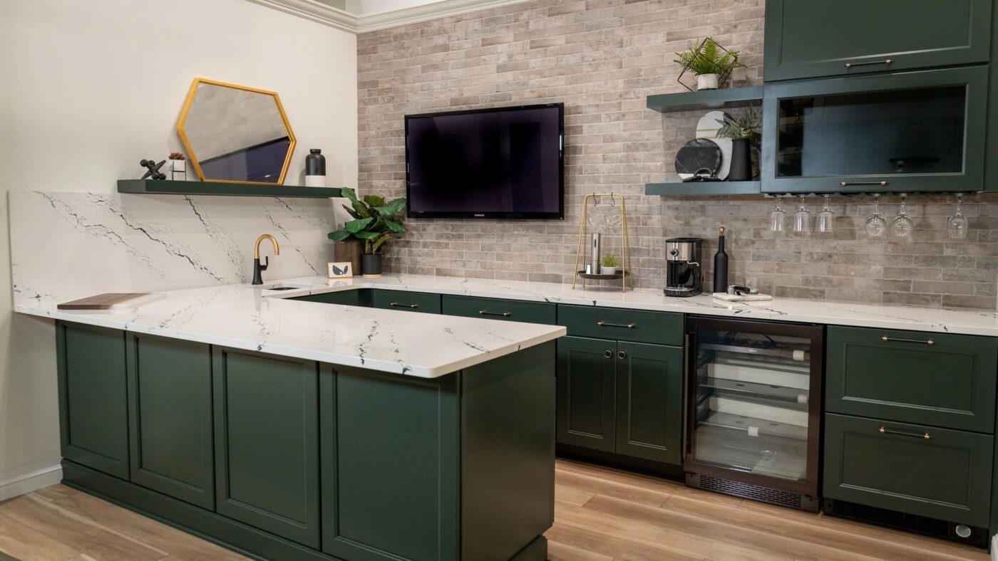 Kitchen image showing the 2024 Color of the Year, a mellow, grayed-out deep green that is bold, elegant, and remarkably versatile.