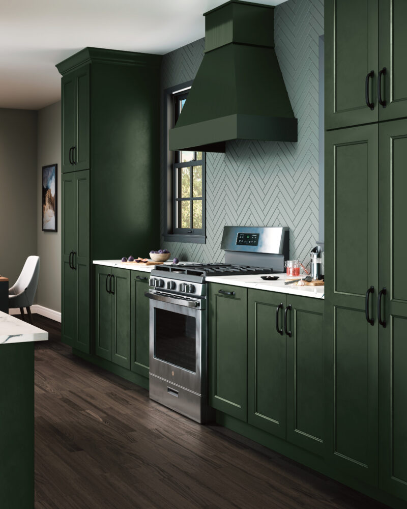 Kitchen image showing the 2024 Color of the Year, a mellow, grayed-out deep green that is bold, elegant, and remarkably versatile.