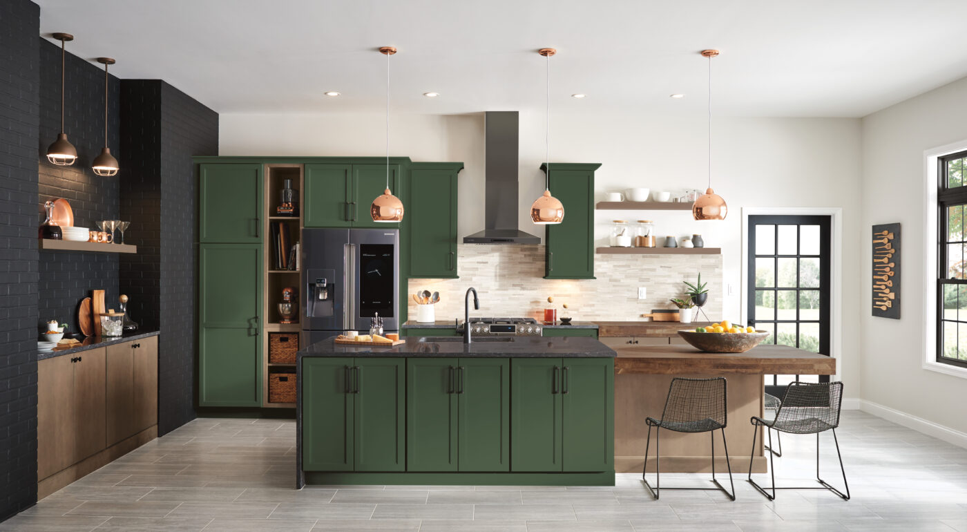 Kitchen image showing the 2024 Color of the Year, a mellow, grayed-out deep green that is bold, elegant, and remarkably versatile.