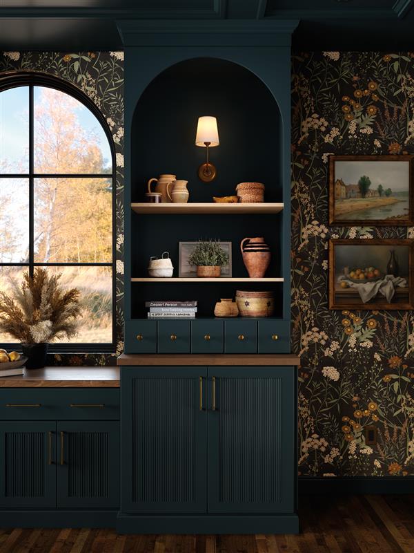 A cool black with green undertone kitchen cabinet