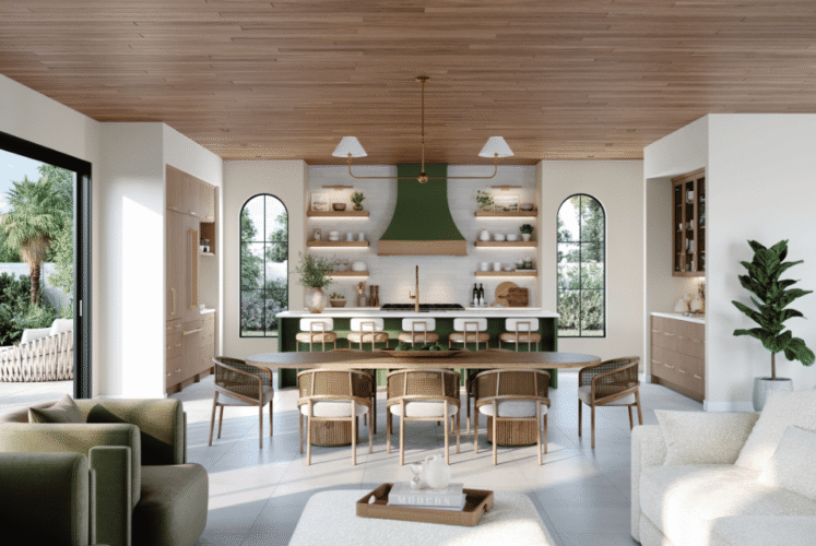 Entertaining-focused kitchen with beverage station and storage cabinetry