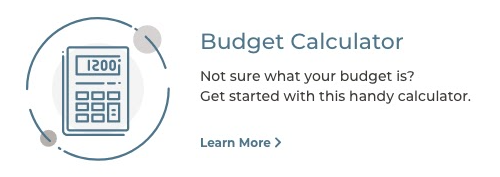 call to action button with line drawing of a calculator surrounded by a thin blue circle and the words "budget calculator | not sure what your budget is? get started with this handy calculator."