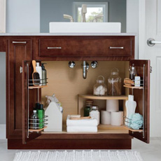 Bathroom vanity base cabinet with doors open to show inside