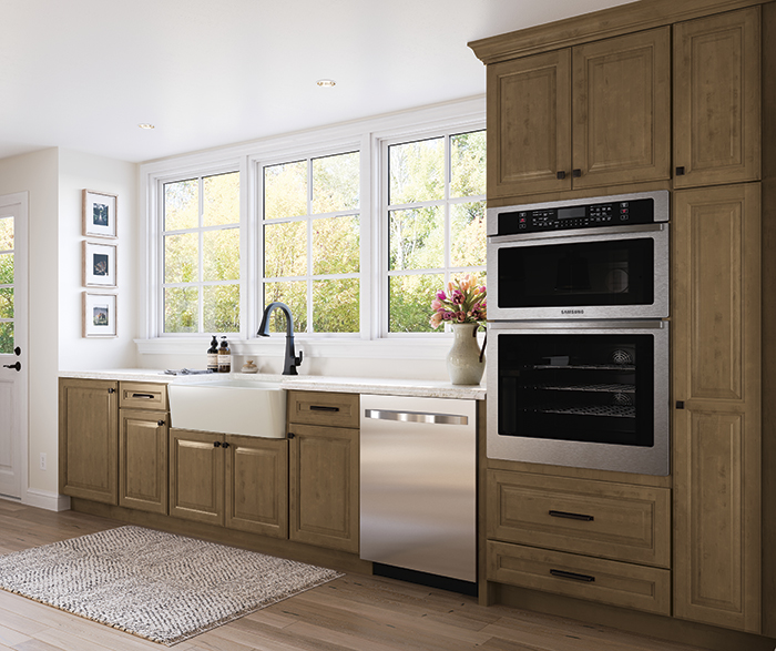 Kitchen Cabinets with Mid-Tone Brown Glaze, Off-White Paint, and Black Accents