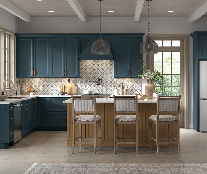 baker blue slate and tiki woodtone kitchen cabinets