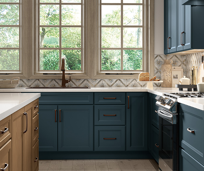 Baker Blue Slate and Tiki Woodtone Kitchen Cabinets