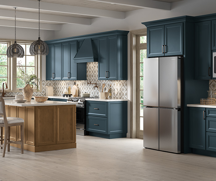 Baker Blue Slate and Tiki Woodtone Kitchen Cabinets