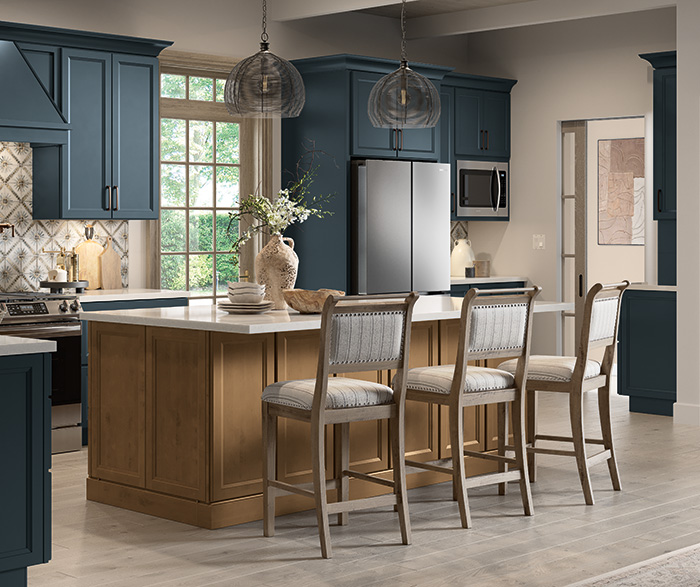 Baker Blue Slate and Tiki Woodtone Kitchen Cabinets