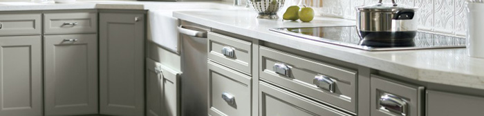 Gray painted base cabinets in a kitchen
