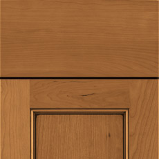 Close-up of cabinet door with slab drawer front