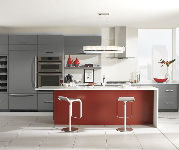 Vail Battleship Gray cabinets with a custom red kitchen island